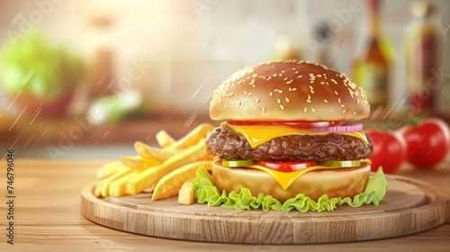 Gourmet Hamburger on Rustic Wood Plate with Fresh-cut Fries Generative AI