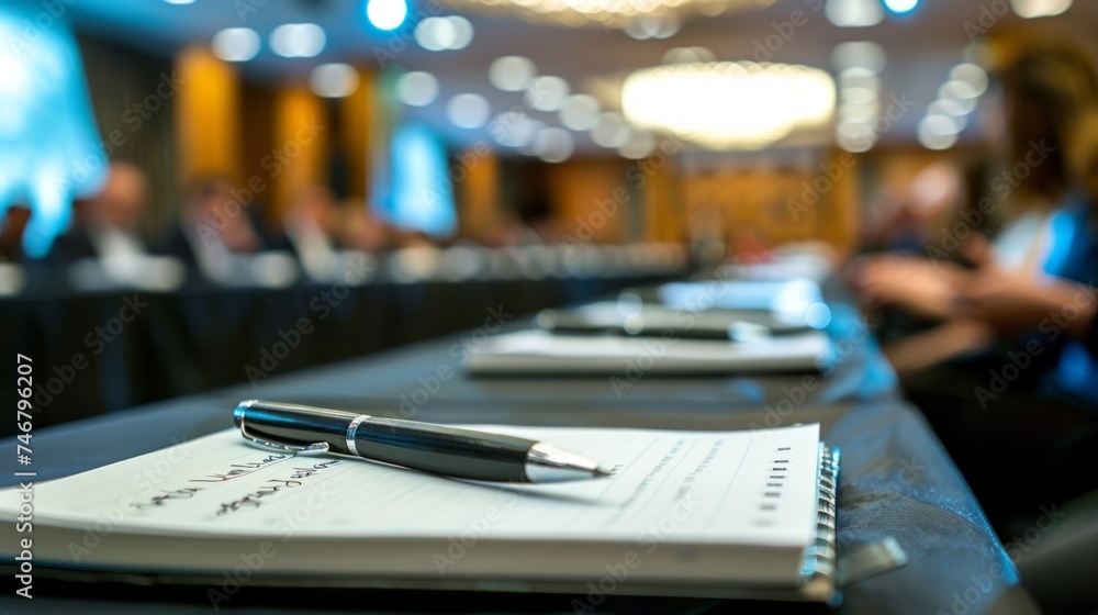 Image of a flat surface of a conference table inside a meeting room. It purposely blurs the people in the background. Conveys a sense of focus on the details of the workspace. Image of a flat surface of a conference table inside a meeting room. It purposely blurs the people in the background. Conveys a sense of focus on the details of the workspace.