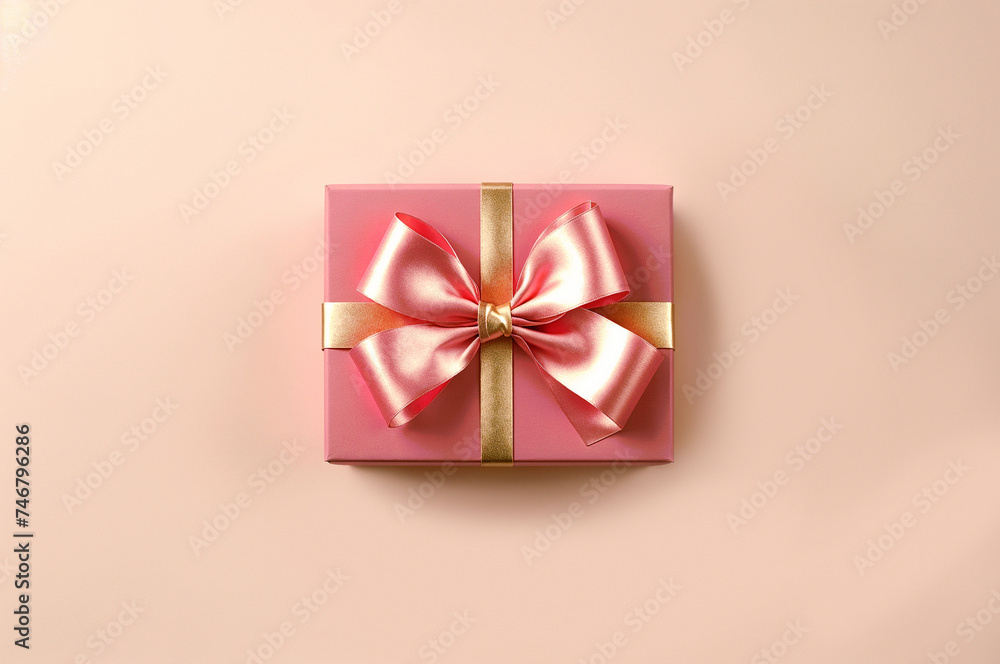 A beautiful pink gift box with a shiny ribbon on a beige background. Top view, copy space A beautiful pink gift box with a shiny ribbon on a beige background. Top view, copy space