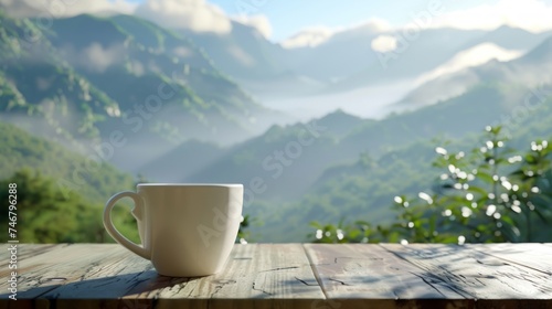 Morning Mountain Views: Hot Coffee on a Wooden Table Generative AI