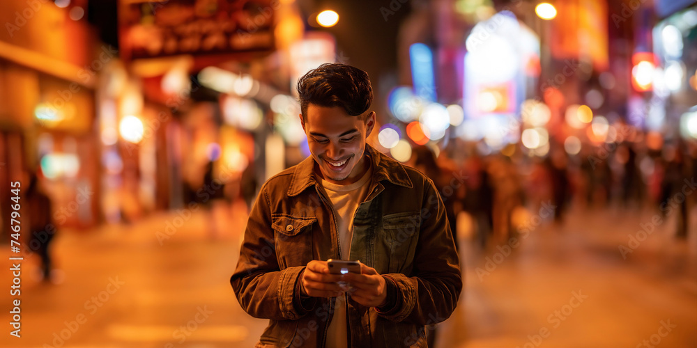 handsome beautiful young hispanic or asian man using and texting on hir smart phone mobile for service 5g digital communication and online social media city banner