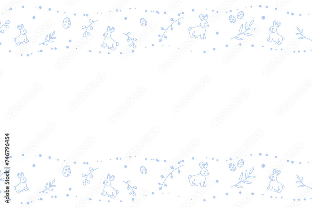 Vector. Cute hand drawn Easter horizontal background with bunnies, easter eggs. Festive background with Easter linear symbols. Copy space for text. Design cards, banners and other promotional items. Vector. Cute hand drawn Easter horizontal background with bunnies, easter eggs. Festive background with Easter linear symbols. Copy space for text. Design cards, banners and other promotional items.