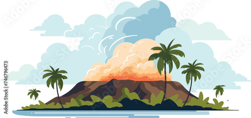 Tropical island erupting volcano, palm trees, birds. Nature disaster, volcanic eruption smoke ash cloud. Vector illustration