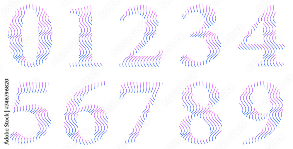 Obraz premium Set of numbers isolated on white. Alphabet with numbers. Vector graphic elements for design. Waves and lines. Pink and blue gradient. Colorful
