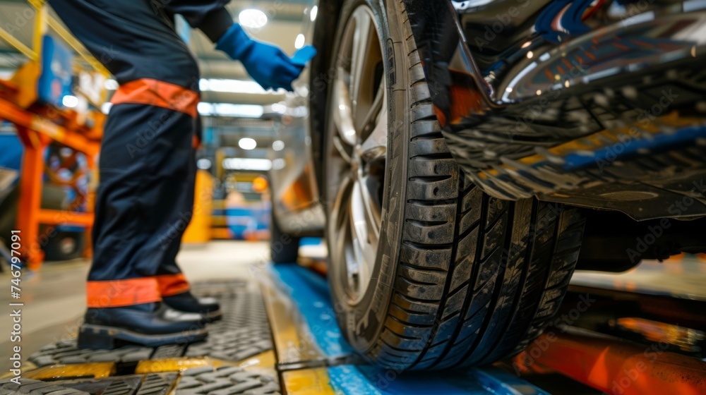 custom made wallpaper toronto digitalExpert Tire Mechanic Inspecting Worn-out Tires at Car Wash Generative AI