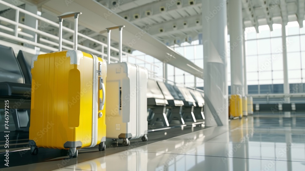 Yellow and White Suitcases in Modern Airport Terminal Boarding Lounge Generative AI