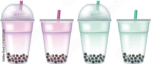 Set of plastic cups of bubble tea isolated on white background. Photo- realistic vector illustration.