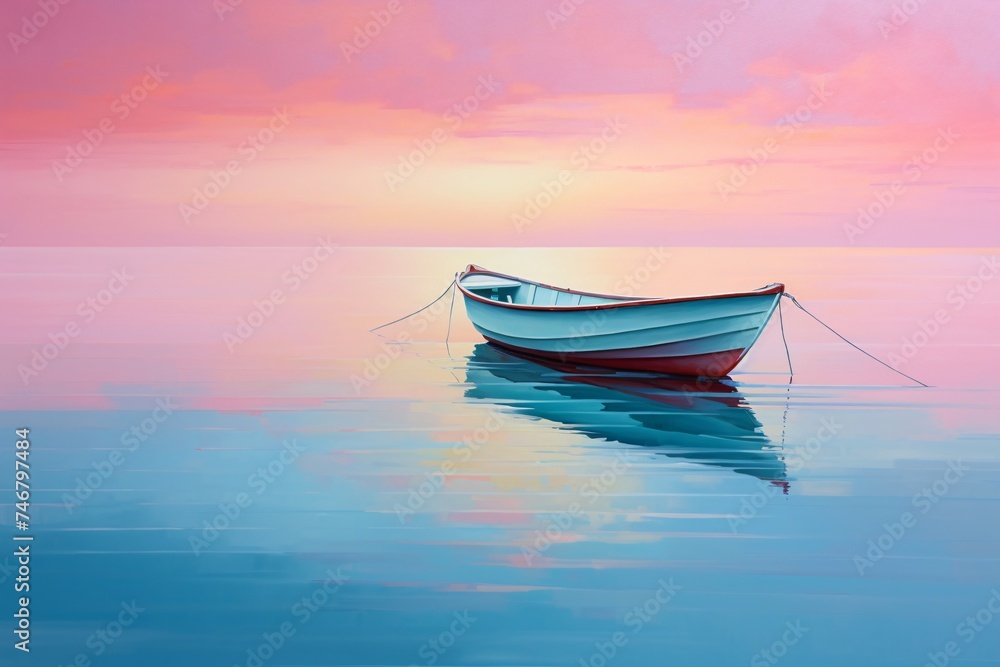 a boat on water with pink sky