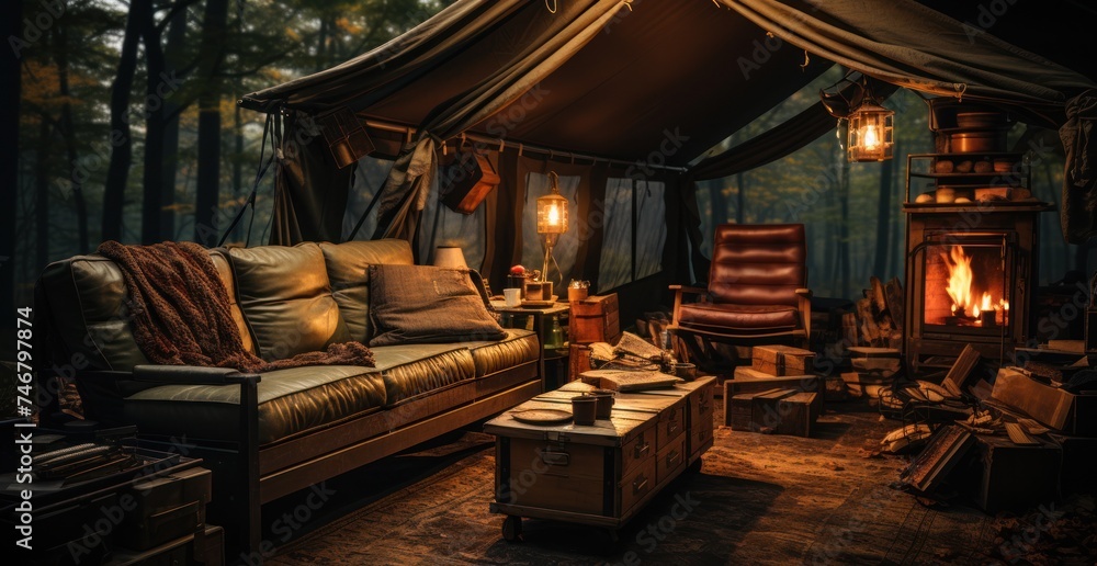camping furniture by a fire in the woods and tent