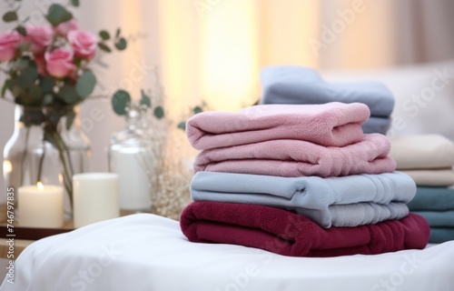towels piled up with vase, bed, pillows, and bedsheets
