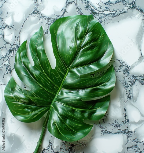 a close up of a green leaf on white marble