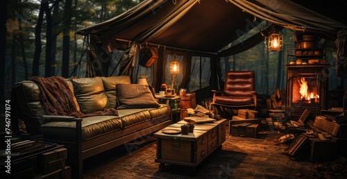 camping furniture by a fire in the woods and tent