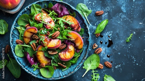 A vibrant salad with mixed greens, grilled peaches, pecans, and a honey balsamic dressing