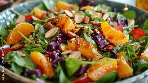 A vibrant salad with mixed greens  mandarin oranges  almonds  and a citrus vinaigrette