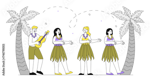 Hawaiian dancers near palms vector linear