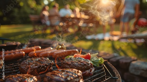 A backyard BBQ with burgers, hot dogs, and guests playing lawn games