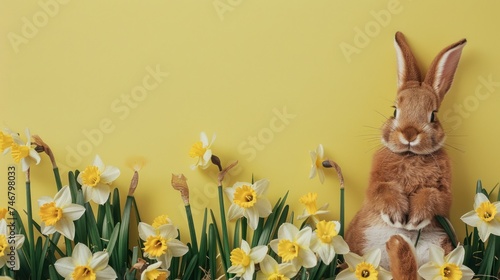 An adorable Easter bunny surrounded by daffodils