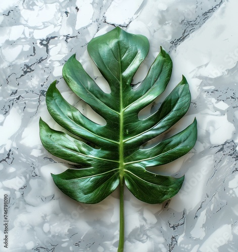 a close up of a green leaf on white marble