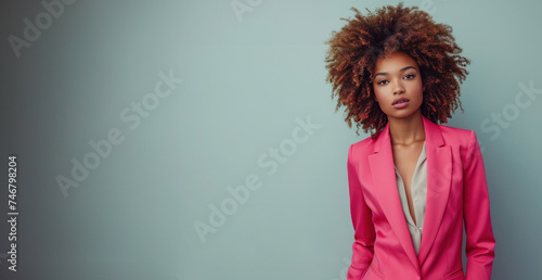 A stylish professional in a modern pink pantsuit poses confidently, her demeanor professional yet approachable photo