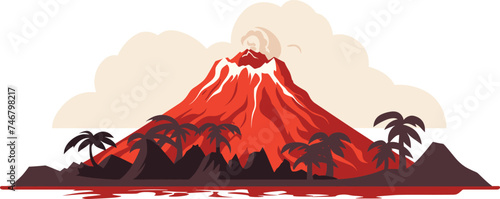Erupting volcano lava flows, palm trees clouds. Tropical island volcano eruption red hot lava. Dangerous natural disaster vector illustration photo