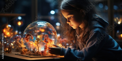 a little girl looking over the tlc globe of technology