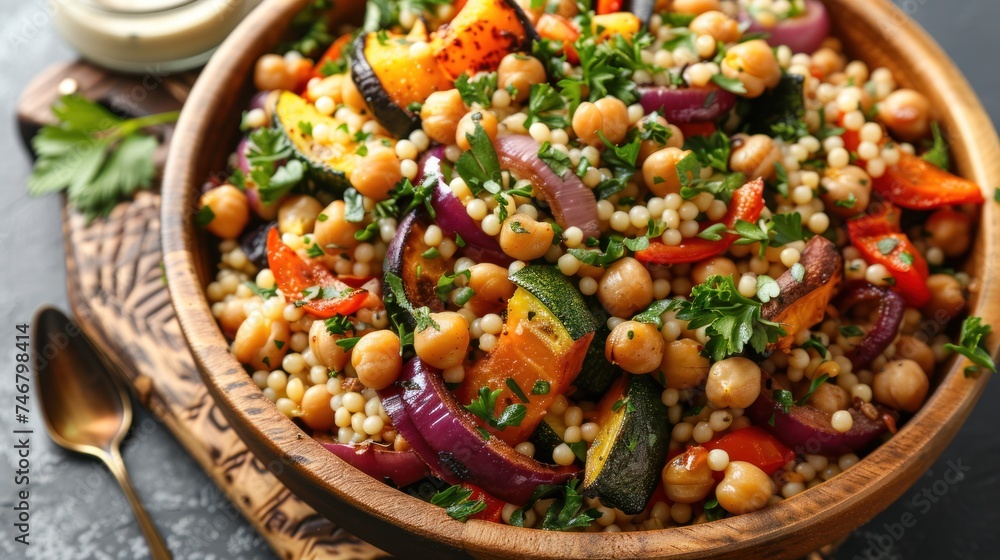 A colorful salad featuring couscous, roasted vegetables, chickpeas, and a tahini dressing A colorful salad featuring couscous, roasted vegetables, chickpeas, and a tahini dressing