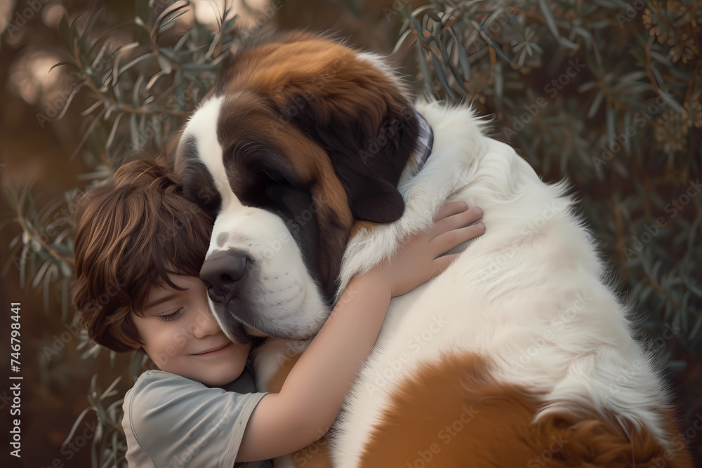 A young boy finds solace and joy as he tenderly cuddles with his Saint Bernard dog, creating a beautiful companionship and an unbreakable bond of affection and love A young boy finds solace and joy as he tenderly cuddles with his Saint Bernard dog, creating a beautiful companionship and an unbreakable bond of affection and love
