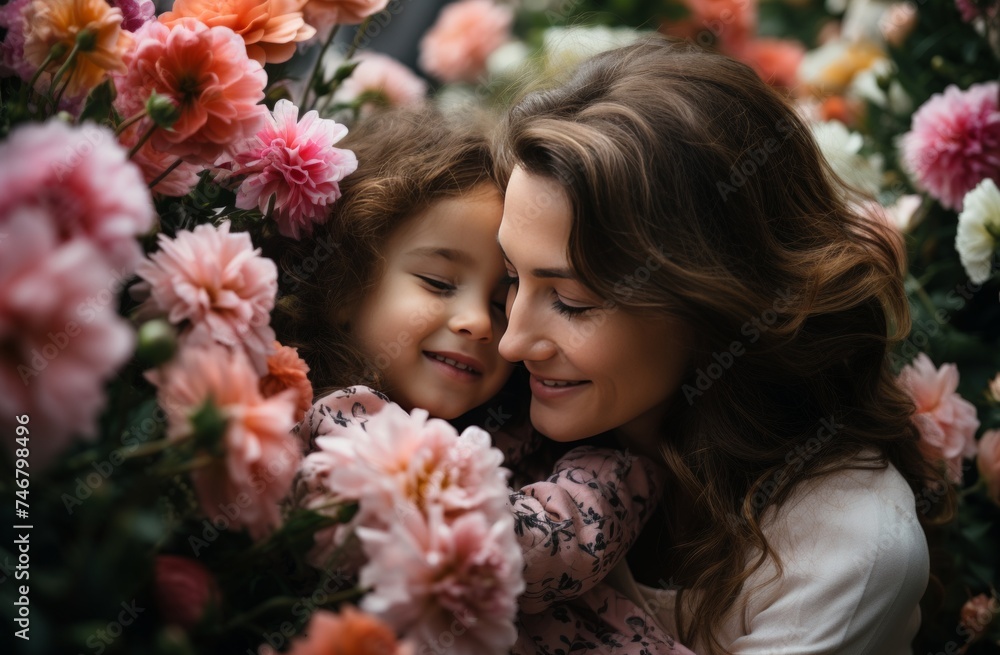 Fototapeta premium mother and daughter hugging each other around the flowers