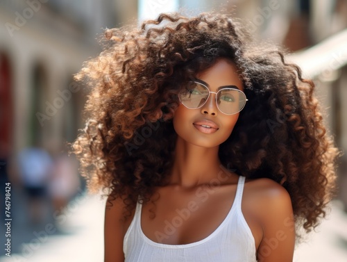 Beautiful african american woman with afro hairstyle in europe. African woman walking through the streets of Europe. Travel concept.