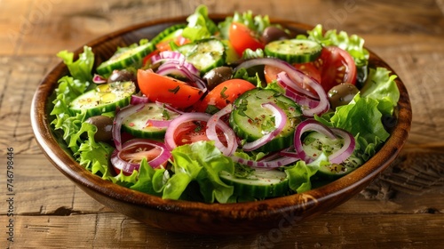 A refreshing salad with cucumber, tomatoes, red onion, olives, and a Greek yogurt dressing