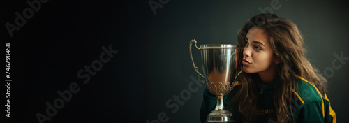 a young girl kissing on the soccer championship trophy