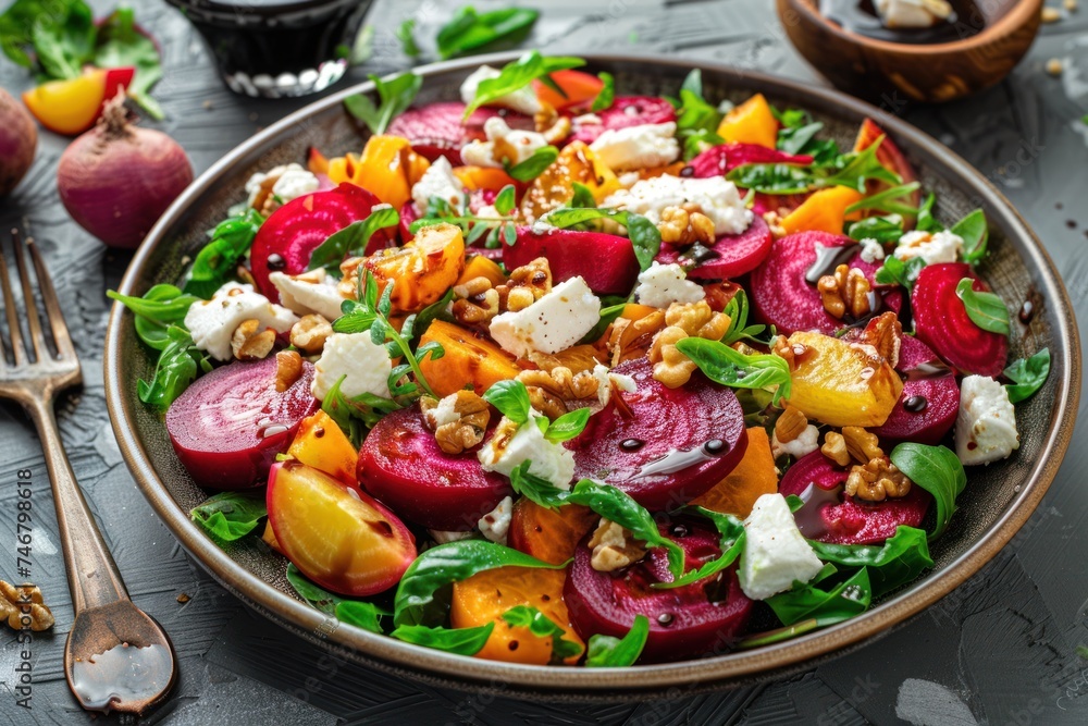 A colorful salad featuring roasted beets, goat cheese, walnuts, and a balsamic glaze