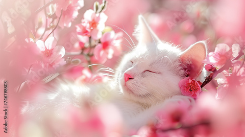 Cute sleeping or dreaming white cat among pink sakura flowers, soft focus, blurred floral background