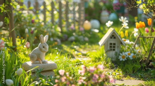 A peaceful garden setting with Easter decorations
