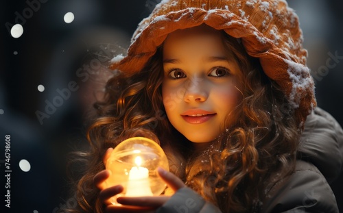 a little girl holding something in the snow