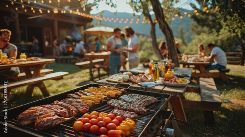 A backyard BBQ party with a grill, picnic tables, and guests enjoying delicious food
