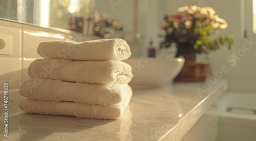 the bathroom counter with towels in it