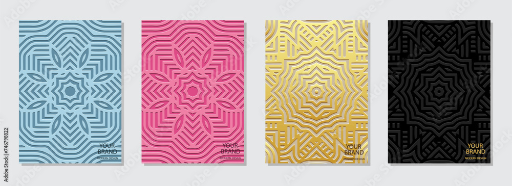 Set of ornamental covers, vertical templates. A collection of embossed, geometric backgrounds with ethnic black, gold 3D patterns, pastel colors. Exotic of the East, Asia, India, Mexico, Aztec, Peru. Set of ornamental covers, vertical templates. A collection of embossed, geometric backgrounds with ethnic black, gold 3D patterns, pastel colors. Exotic of the East, Asia, India, Mexico, Aztec, Peru.