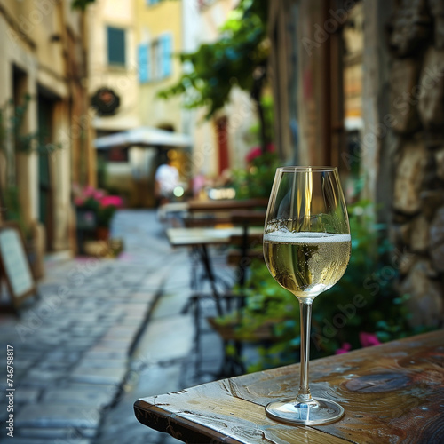 Glass of Wine on a Rustic Table in a Picturesque Alley