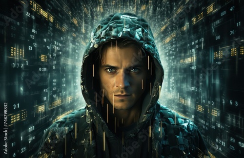the head of a cyber man is surrounded by patterns of data codes