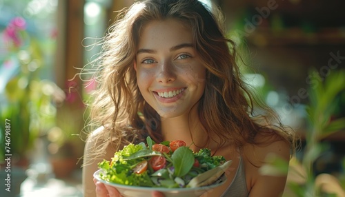 beauty smiling while eating a bowl of salad