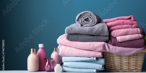 basket of towels, laundry soap and cleaning products with blue background