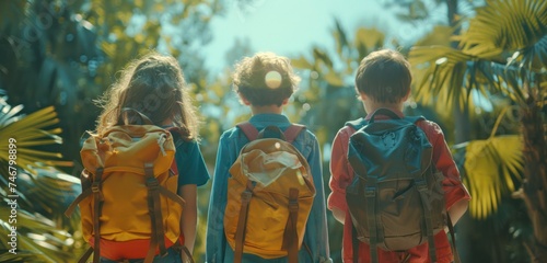 three children standing near a park with backpacks