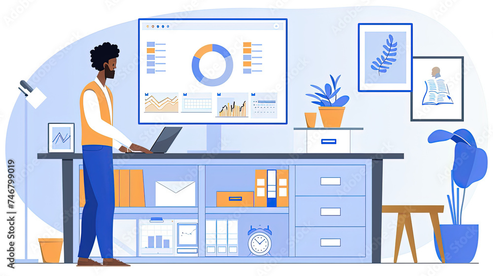 A man standing at a desk, working on a laptop A man standing at a desk, working on a laptop