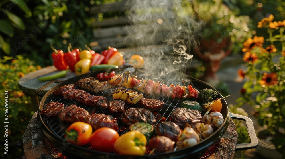 A backyard barbecue with a variety of meats and vegetables grilling, smoke rising in the air