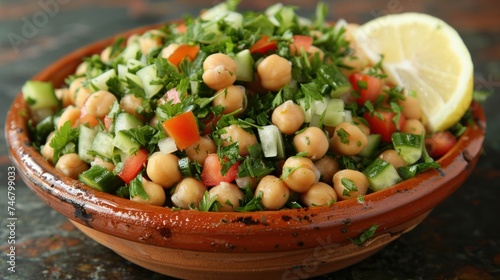 flavorful salad with chickpeas, cucumber, tomatoes, parsley, and a lemon dressing
