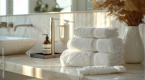 the bathroom counter with towels in it