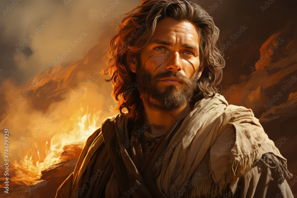 A man with long hair stands in front of a blazing fire, casting a warm glow on his face and surroundings