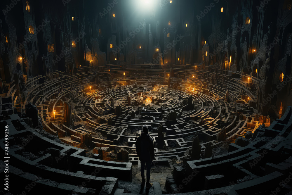 A person stands in the center of a maze constructed in a room, surrounded by walls. The individual appears to be contemplating a way out of the puzzling structure - obrazy, fototapety, plakaty 
