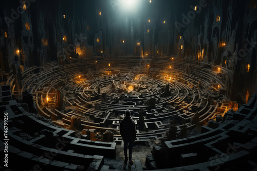 A person stands in the center of a maze constructed in a room, surrounded by walls. The individual appears to be contemplating a way out of the puzzling structure